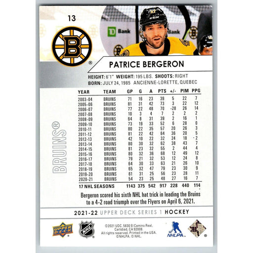 2021-22 UD Hockey Series 1 Patrice Bergeron Boston Bruins #13 - Collectible Craze America