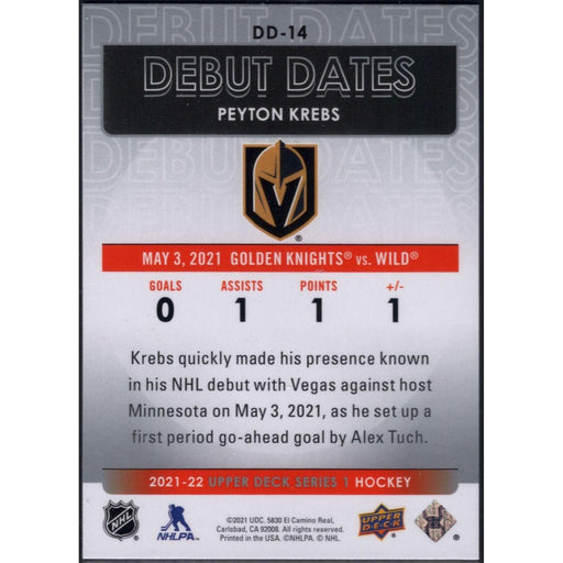 2021-22 UD Hockey Series 1 Peyton Krebs Vegas Golden Knights #DD-14 Debut Dates - Collectible Craze America