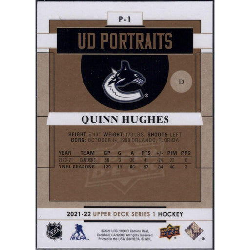 2021-22 UD Hockey Series 1 Quinn Hughes Vancouver Canucks #P-1 UD Portraits - Collectible Craze America