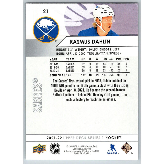 2021-22 UD Hockey Series 1 Rasmus Dahlin Buffalo Sabres #21 - Collectible Craze America