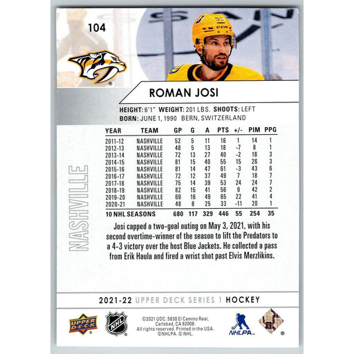 2021-22 UD Hockey Series 1 Roman Josi Nashville Predators #104 - Collectible Craze America