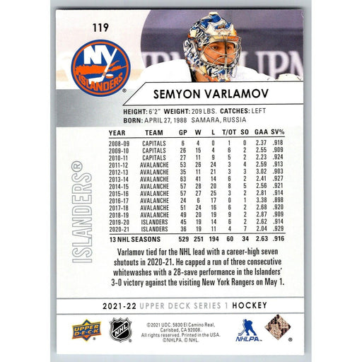 2021-22 UD Hockey Series 1 Semyon Varlamov New York Islanders #119 - Collectible Craze America