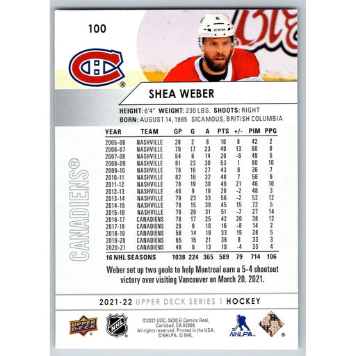 2021-22 UD Hockey Series 1 Shea Weber Montreal Canadiens #100 - Collectible Craze America