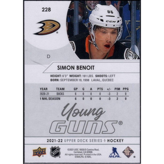 2021-22 UD Hockey Series 1 Simon Benoit Anaheim Ducks #228 Young Guns - Collectible Craze America