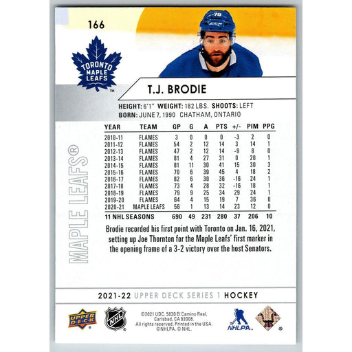 2021-22 UD Hockey Series 1 T.J. Brodie Toronto Maple Leafs #166 - Collectible Craze America