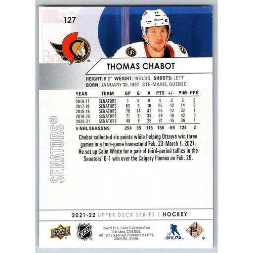 2021-22 UD Hockey Series 1 Thomas Chabot Ottawa Senators #127 - Collectible Craze America