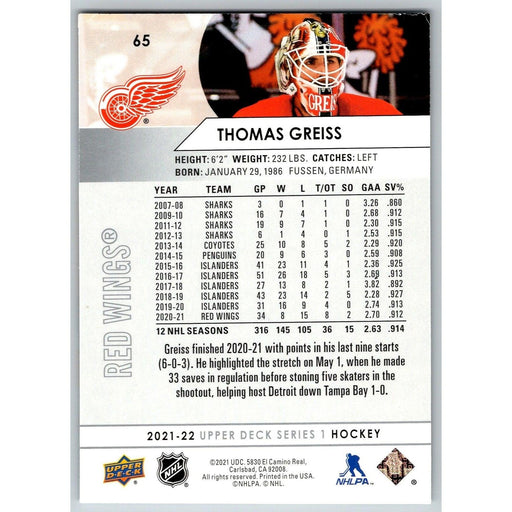 2021-22 UD Hockey Series 1 Thomas Greiss Detroit Red Wings #65 - Collectible Craze America