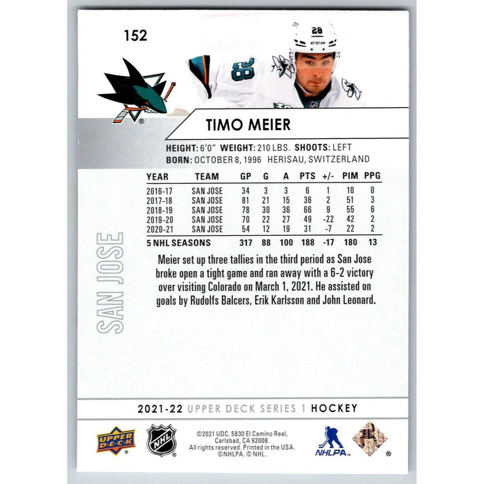 2021-22 UD Hockey Series 1 Timo Meier San Jose Sharks #152 - Collectible Craze America