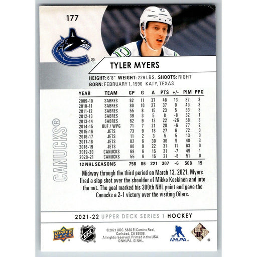 2021-22 UD Hockey Series 1 Tyler Myers Vancouver Canucks #177 - Collectible Craze America