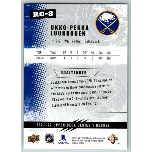 2021-22 UD Hockey Series 1 Ukko-Pekka Luukkonen RC Buffalo Sabres #RC-8 Rookie - Collectible Craze America