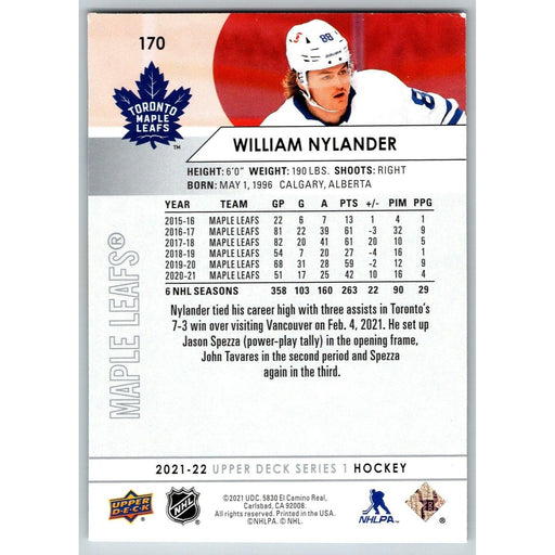 2021-22 UD Hockey Series 1 William Nylander Toronto Maple Leafs #170 - Collectible Craze America