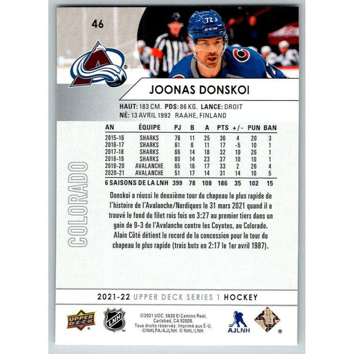 2021-22 Upper Deck Hockey Series 1 French #46 Joonas Donskoi Colorado Avalanche - Collectible Craze America