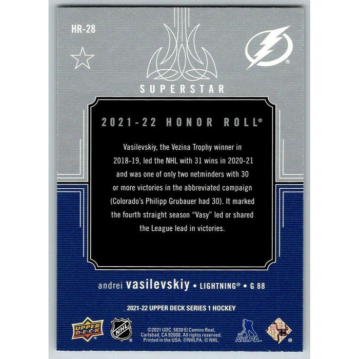 2021-22 Upper Deck Hockey Series 1 Honor Roll #HR-28 Andrei Vasilevskiy Tampa - Collectible Craze America