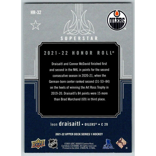 2021-22 Upper Deck Hockey Series 1 Honor Roll #HR-32 Leon Draisaitl Edmonton - Collectible Craze America