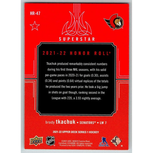 2021-22 Upper Deck Hockey Series 1 Honor Roll #HR-47 Brady Tkachuk Ottawa - Collectible Craze America