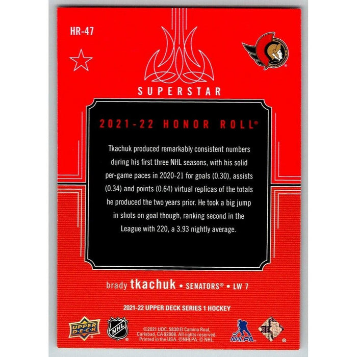 2021-22 Upper Deck Hockey Series 1 Honor Roll #HR-47 Brady Tkachuk Ottawa - Collectible Craze America