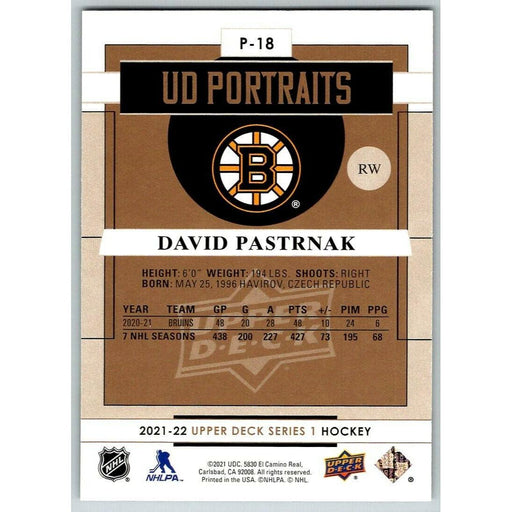 2021-22 Upper Deck Hockey Series 1 UD Portraits #P-18 David Pastrnak Boston - Collectible Craze America