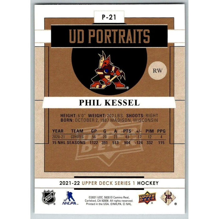 2021-22 Upper Deck Hockey Series 1 UD Portraits #P-21 Phil Kessel Arizona - Collectible Craze America