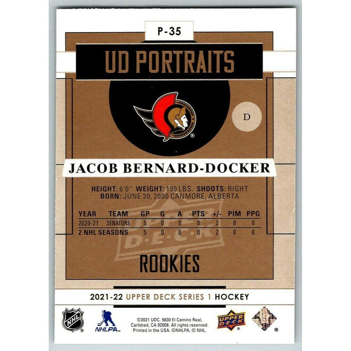 2021-22 Upper Deck Hockey Series 1 UD Portraits #P-35 Jacob Bernard-Docker - Collectible Craze America