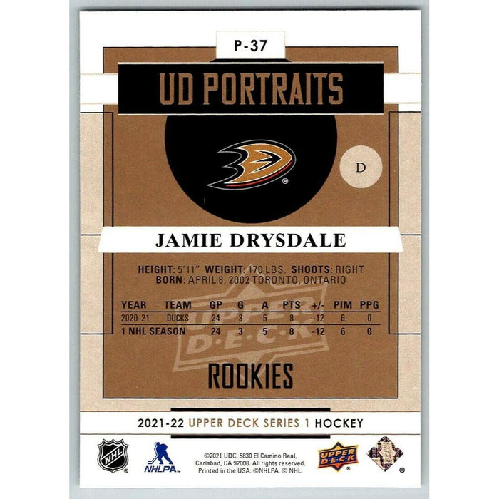 2021-22 Upper Deck Hockey Series 1 UD Portraits #P-37 Jamie Drysdale Anaheim - Collectible Craze America