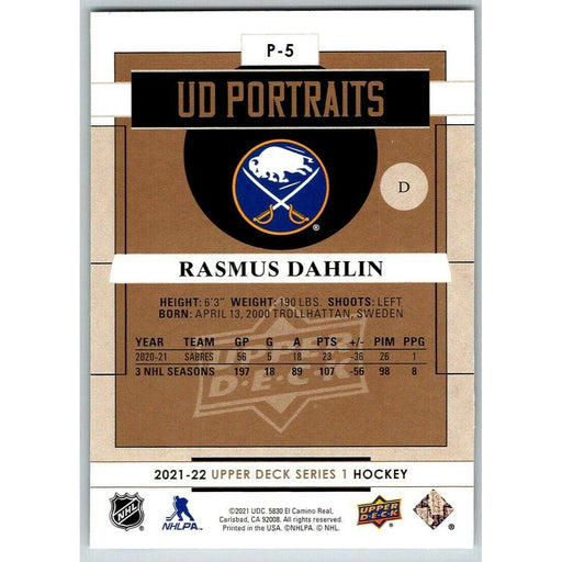 2021-22 Upper Deck Hockey Series 1 UD Portraits #P-5 Rasmus Dahlin Buffalo - Collectible Craze America