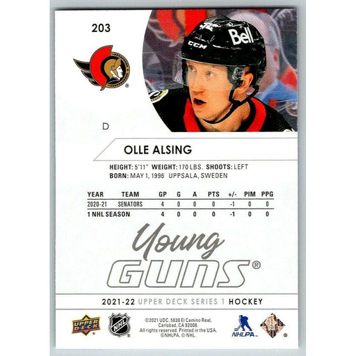 2021-22 Upper Deck Hockey Series 1 Young Guns #203 Olle Alsing RC Ottawa - Collectible Craze America