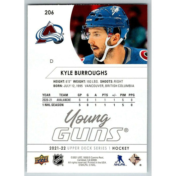 2021-22 Upper Deck Hockey Series 1 Young Guns #206 Kyle Burroughs RC Colorado - Collectible Craze America