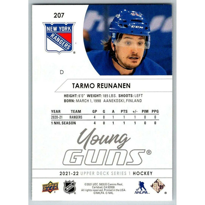 2021-22 Upper Deck Hockey Series 1 Young Guns #207 Tarmo Reunanen RC New York - Collectible Craze America