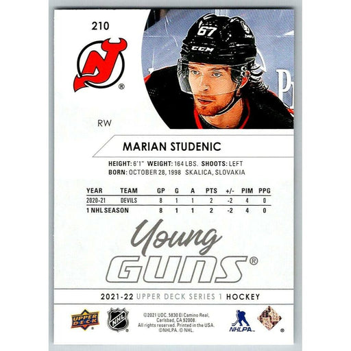 2021-22 Upper Deck Hockey Series 1 Young Guns #210 Marian Studenic RC New Jersey - Collectible Craze America