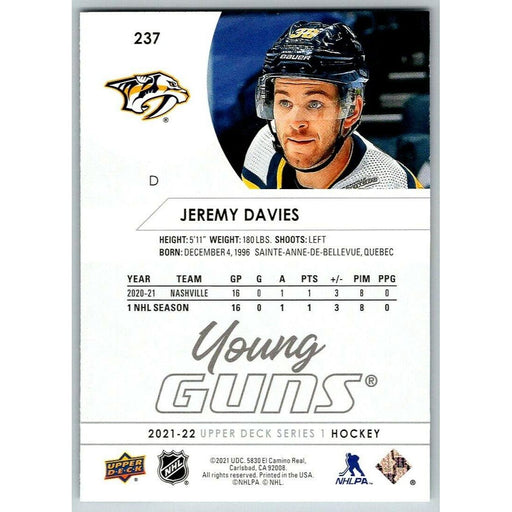 2021-22 Upper Deck Hockey Series 1 Young Guns #237 Jeremy Davies RC Nashville - Collectible Craze America