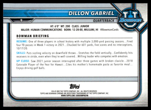 Dillon Gabriel 2021 Bowman University Football Pink Refractor Back of Card