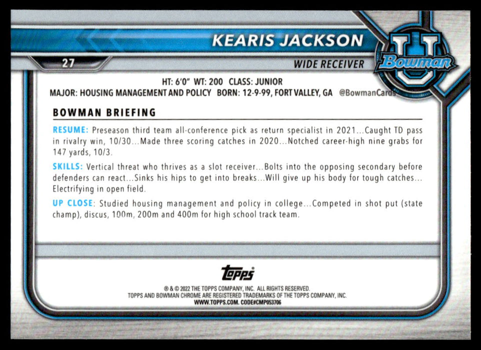 Kearis Jackson 2021 Bowman University Football Pink Refractor Back of Card