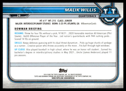 Malik Willis 2021 Bowman University Football Pink Refractor Back of Card