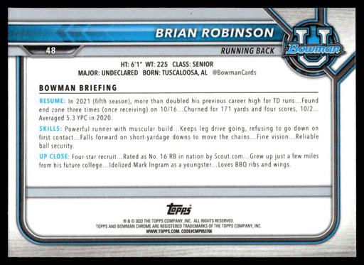 Brian Robinson 2021 Bowman University Football Pink Refractor Back of Card