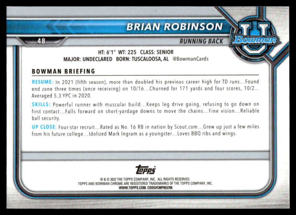 Brian Robinson 2021 Bowman University Football Pink Refractor Back of Card