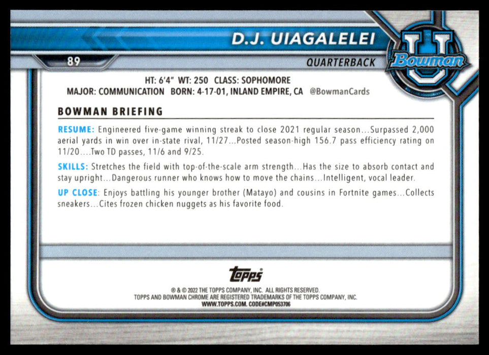 DJ Uiagalelei 2021 Bowman University Football Pink Refractor Back of Card