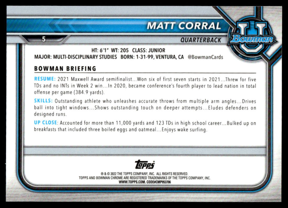 Matt Corral 2021 Bowman University Football Refractor Back of Card