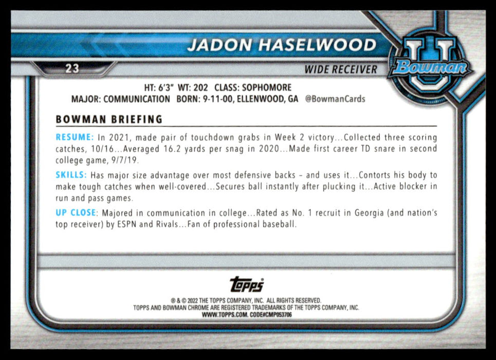 Jadon Haselwood 2021 Bowman University Football Refractor Back of Card