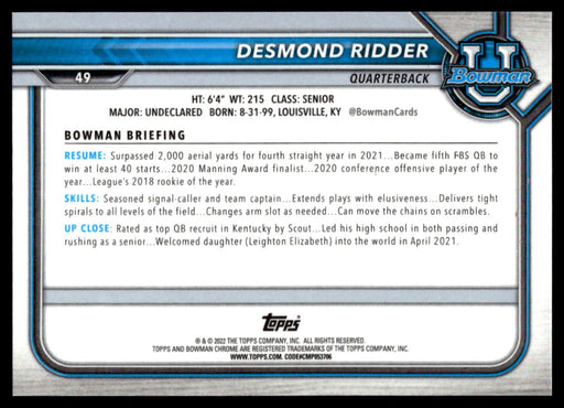 Desmond Ridder 2021 Bowman University Football Gold Refractor Back of Card