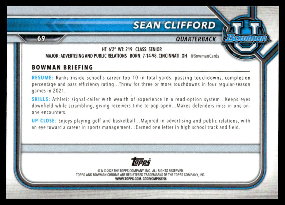 Sean Clifford 2021 Bowman University Football Yellow Refractor Back of Card