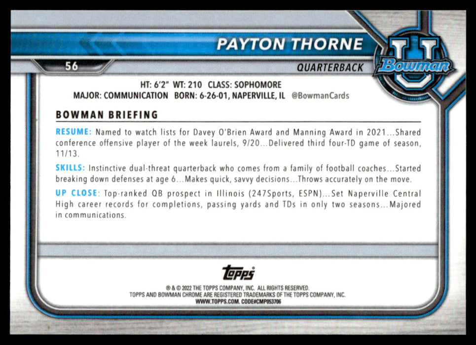 Payton Thorne 2021 Bowman University Football Aqua Refractor Back of Card