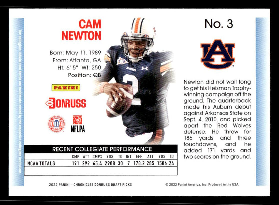 Cam Newton 2022 Panini Chronicles Draft Picks Donruss Pink Back of Card