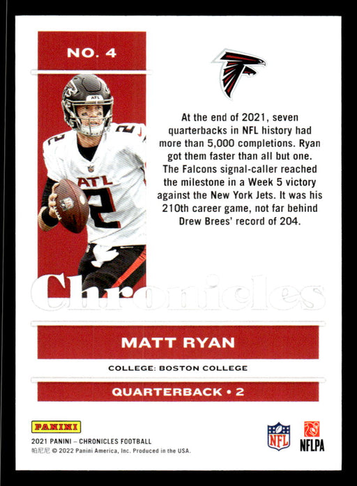 Matt Ryan 2021 Panini Chronicles Football Chronicles Pink Back of Card