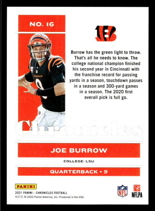 Joe Burrow 2021 Panini Chronicles Football Chronicles Pink Back of Card