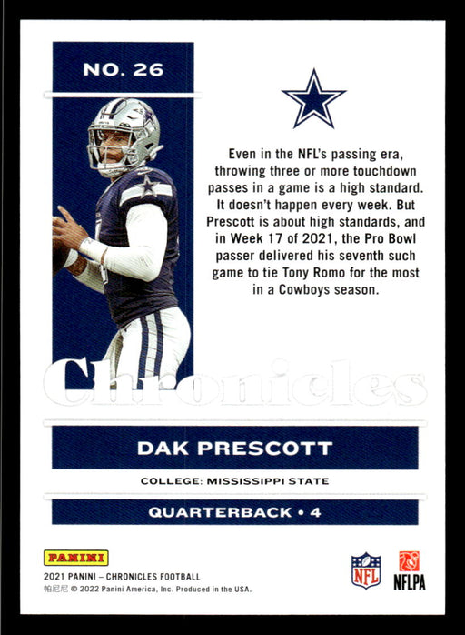 Dak Prescott 2021 Panini Chronicles Football Chronicles Pink Back of Card