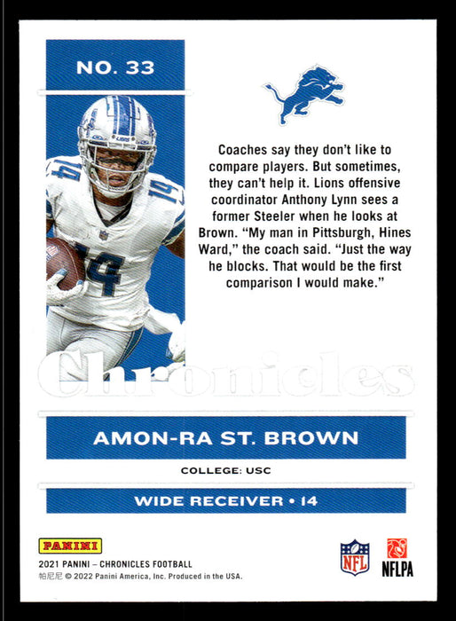 Amon-Ra St. Brown 2021 Panini Chronicles Football Chronicles Pink Back of Card