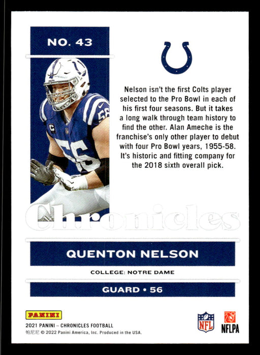 Quenton Nelson 2021 Panini Chronicles Football Chronicles Pink Back of Card