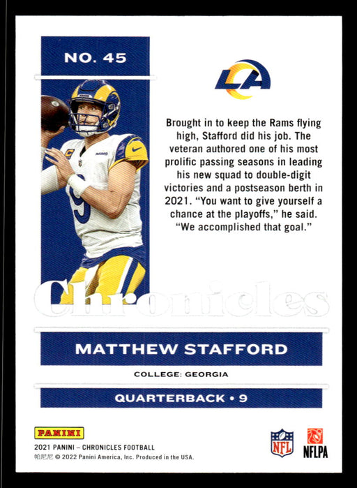 Matthew Stafford 2021 Panini Chronicles Football Chronicles Pink Back of Card