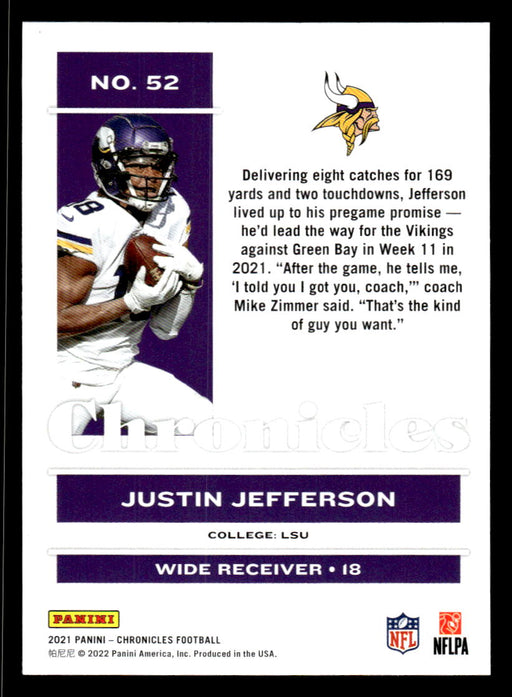 Justin Jefferson 2021 Panini Chronicles Football Chronicles Pink Back of Card