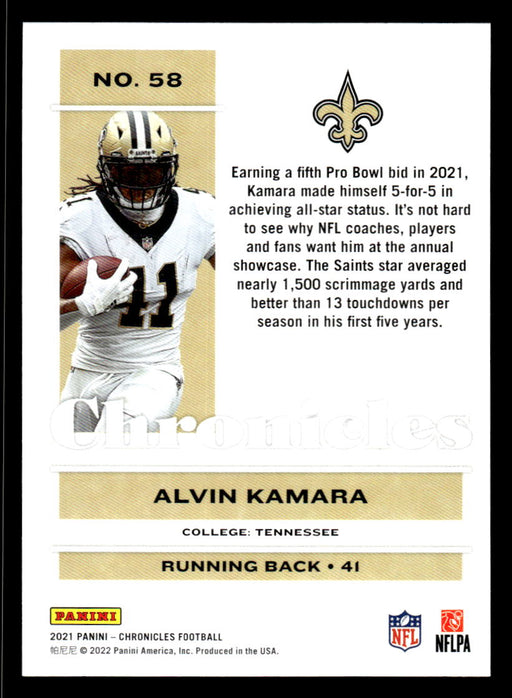 Alvin Kamara 2021 Panini Chronicles Football Chronicles Pink Back of Card